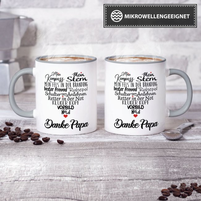 Lustige Tasse mit Spruch f&uuml;r Papa - Danke Papa - Innen &amp; Henkel Grau