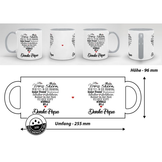 Lustige Tasse mit Spruch f&uuml;r Papa - Danke Papa - Innen &amp; Henkel Grau