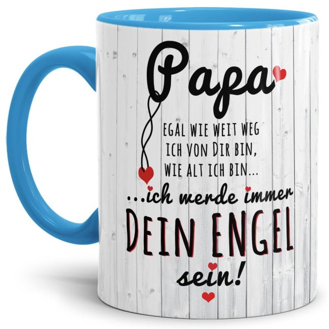 Lustige Tasse mit Spruch f&uuml;r Papa - Immer Dein Engel - Innen &amp; Henkel Hellblau