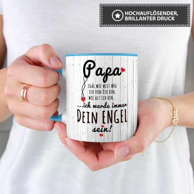 Lustige Tasse mit Spruch f&uuml;r Papa - Immer Dein Engel - Innen &amp; Henkel Hellblau