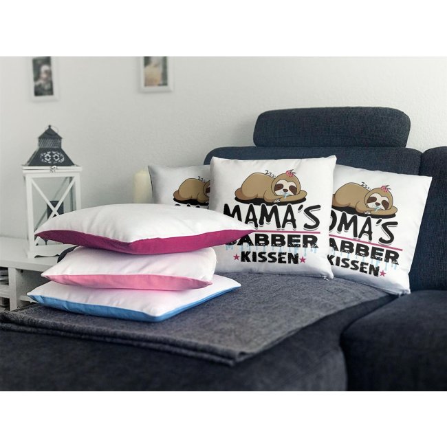 Kuschel-Kissen mit Spruch f&uuml;r Mama - Mamas Sabber-Kissen - Farbkissen R&uuml;ckseite Rosa