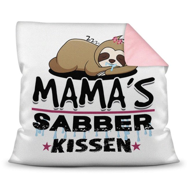 Kuschel-Kissen mit Spruch f&uuml;r Mama - Mamas Sabber-Kissen - Farbkissen R&uuml;ckseite Rosa