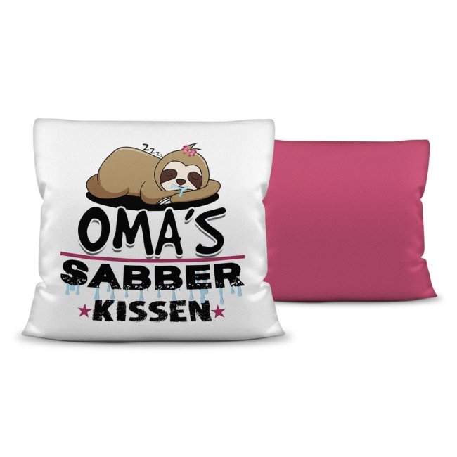 Kuschel-Kissen mit Spruch f&uuml;r Oma - Omas Sabber-Kissen - Farbkissen R&uuml;ckseite Pink