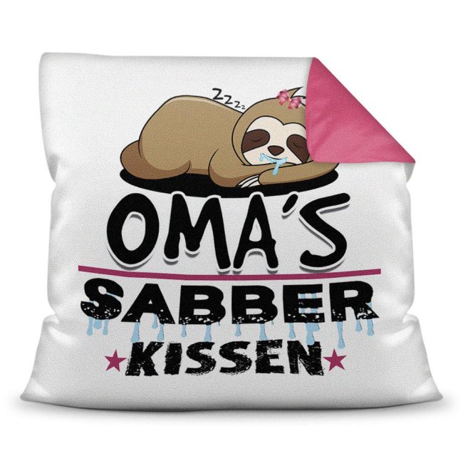 Kuschel-Kissen mit Spruch f&uuml;r Oma - Omas Sabber-Kissen - Farbkissen R&uuml;ckseite Pink