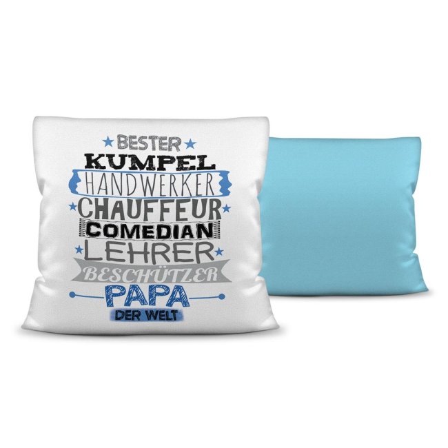 Kuschel-Kissen mit Spruch f&uuml;r Papa - Bester Papa - Farbkissen R&uuml;ckseite Hellblau