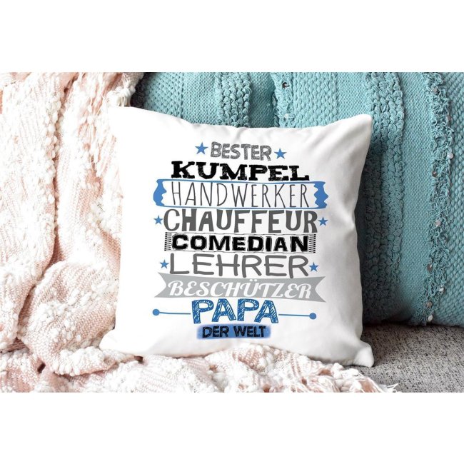 Kuschel-Kissen mit Spruch f&uuml;r Papa - Bester Papa - Farbkissen R&uuml;ckseite Hellblau