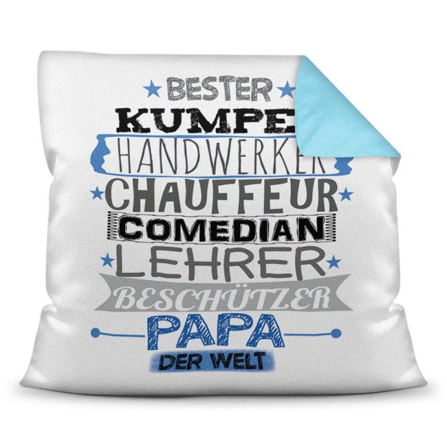 Kuschel-Kissen mit Spruch f&uuml;r Papa - Bester Papa - Farbkissen R&uuml;ckseite Hellblau