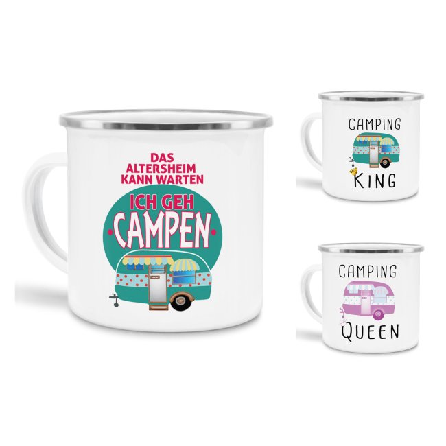 Emaille Tasse Camping mit Spruch