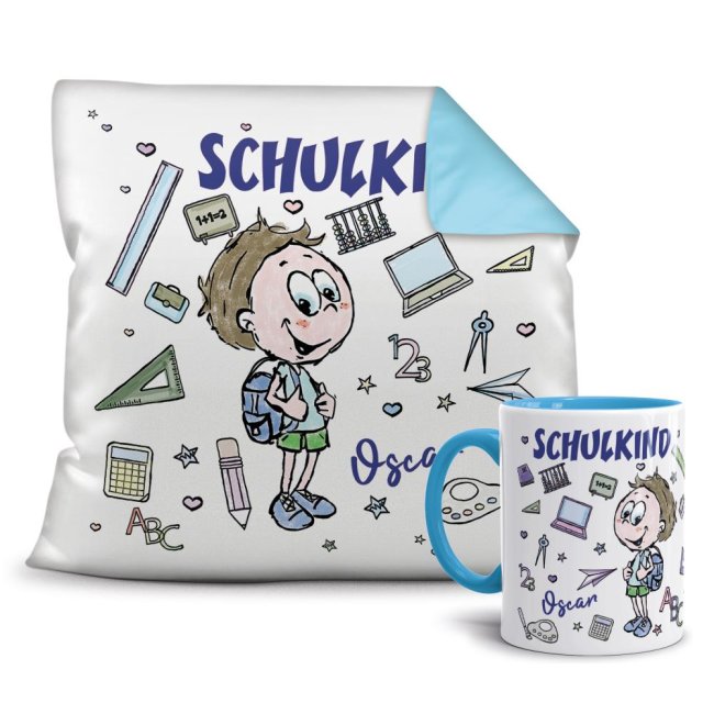 Geschenk-Set zur Einschulung - Kissen und Tasse Schulkind - Ihr Wunschname -