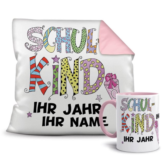 Geschenk-Set - Kissen und Tasse Schulkind - Ihr Wunschname und Jahr -