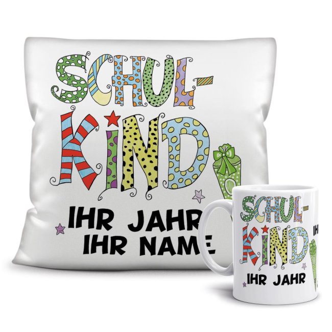 Geschenk-Set - Schulkind Junge - Ihr Wunschname und Jahr - Tasse &amp; Kissen Weiss