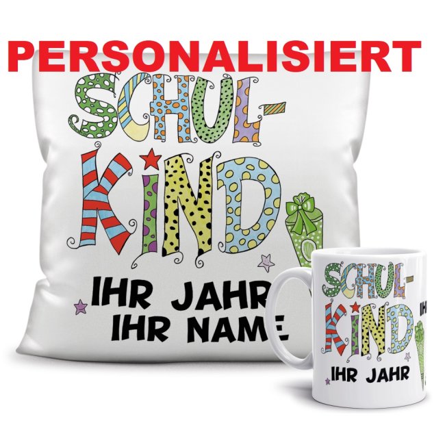 Geschenk-Set - Schulkind Junge - Ihr Wunschname und Jahr - Tasse &amp; Kissen Weiss