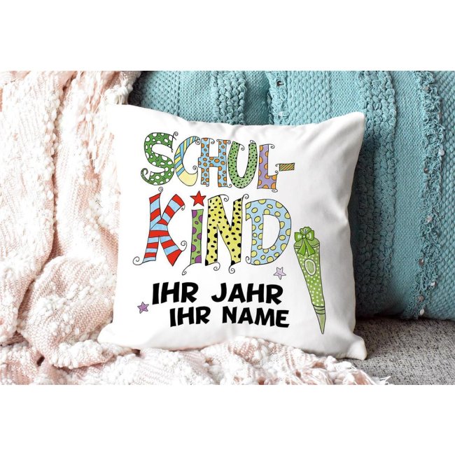 Geschenk-Set - Schulkind Junge - Ihr Wunschname und Jahr - Tasse &amp; Kissen Weiss