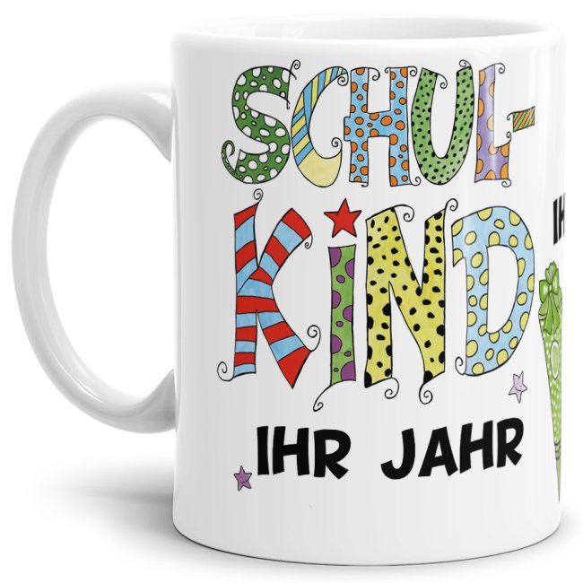 Geschenk-Set - Schulkind Junge - Ihr Wunschname und Jahr - Tasse &amp; Kissen Weiss