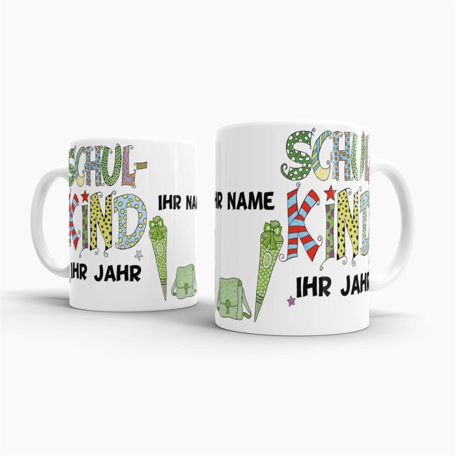 Geschenk-Set - Schulkind Junge - Ihr Wunschname und Jahr - Tasse &amp; Kissen Weiss