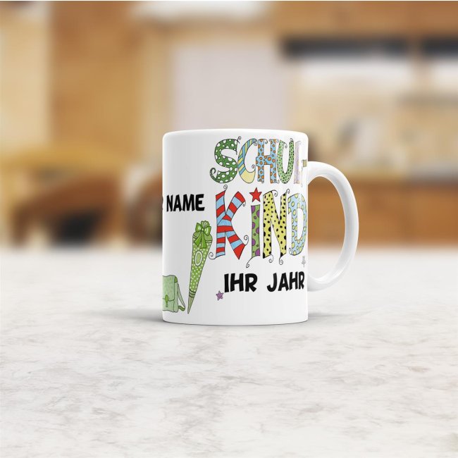 Geschenk-Set - Schulkind Junge - Ihr Wunschname und Jahr - Tasse &amp; Kissen Weiss