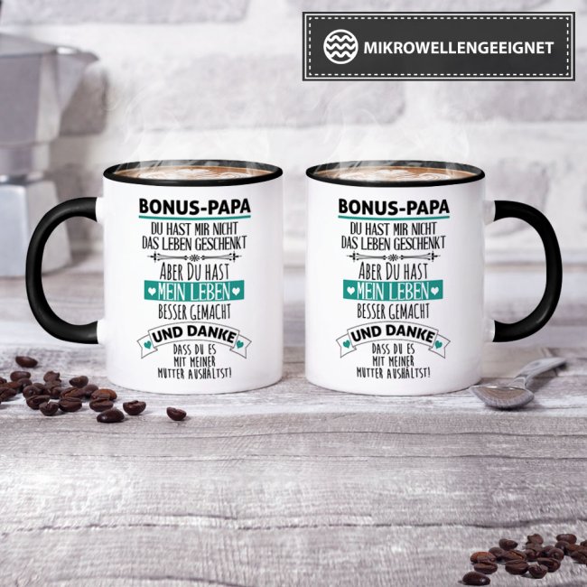 Tasse mit Spruch - Danke Bonus Papa - Innen &amp; Henkel Schwarz