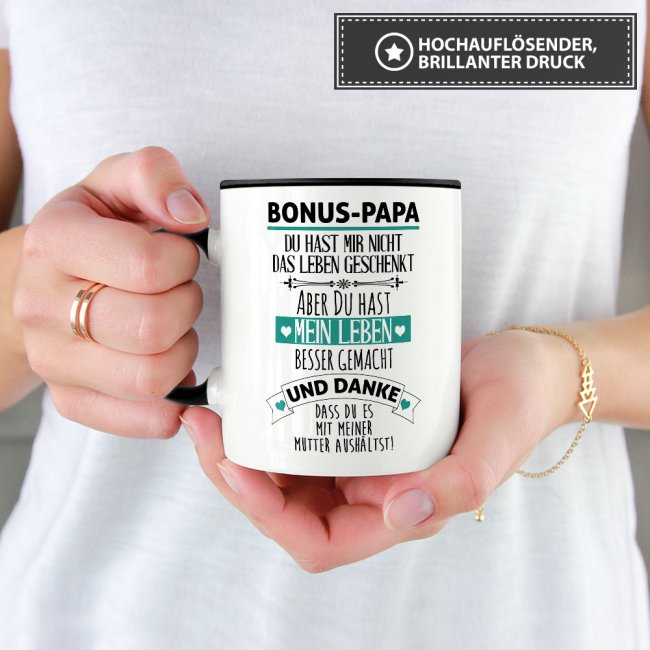 Tasse mit Spruch - Danke Bonus Papa - Innen &amp; Henkel Schwarz