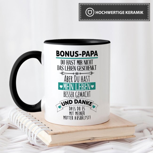 Tasse mit Spruch - Danke Bonus Papa - Innen &amp; Henkel Schwarz