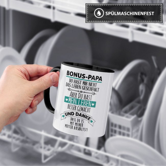 Tasse mit Spruch - Danke Bonus Papa - Innen &amp; Henkel Schwarz