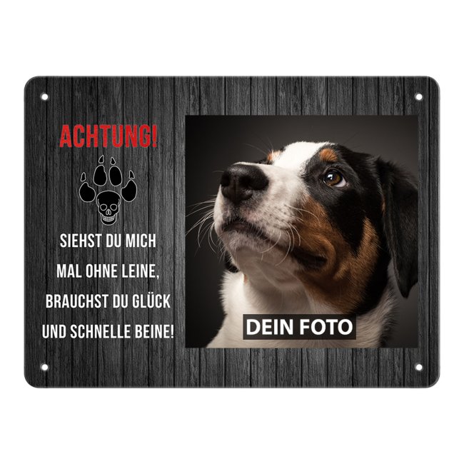 Blechschild mit Hundefoto und Spruch - Siehst Du mich mal ohne Leine - Querformat DIN A5