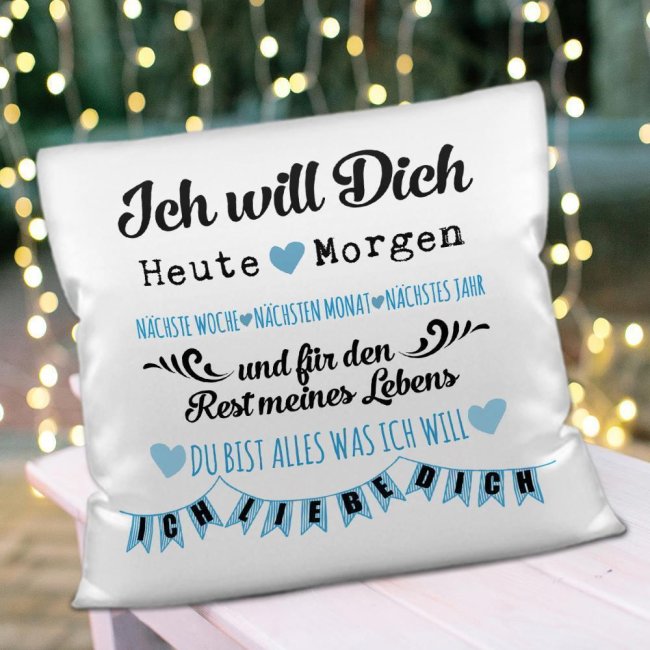 Kissen mit Spruch - Liebeserkl&auml;rung - in Blau - Kissen Polyester - Wei&szlig; flauschig