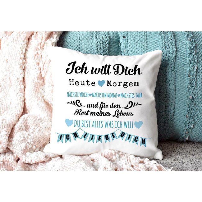 Kissen mit Spruch - Liebeserkl&auml;rung - in Blau - Kissen Polyester - Wei&szlig; flauschig