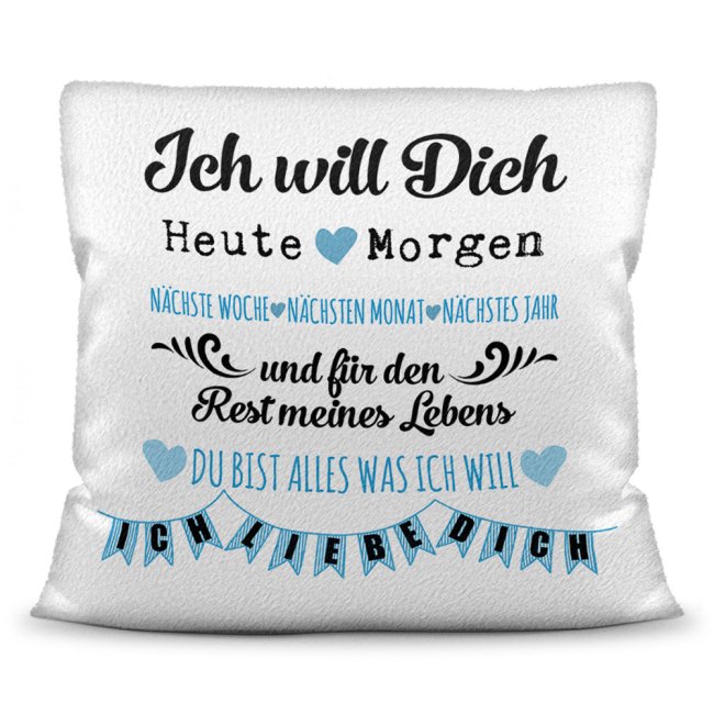 Kissen mit Spruch - Liebeserkl&auml;rung - in Blau - Kissen Polyester - Wei&szlig; flauschig