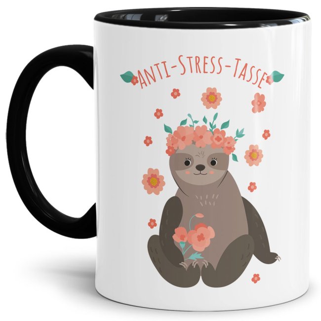 S&uuml;&szlig;e Anti Stress Tasse - Faultier -  Innen &amp; Henkel Schwarz
