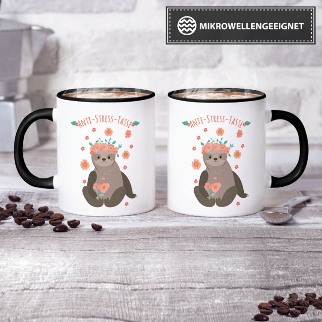S&uuml;&szlig;e Anti Stress Tasse - Faultier -  Innen &amp; Henkel Schwarz
