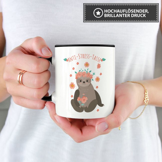 S&uuml;&szlig;e Anti Stress Tasse - Faultier -  Innen &amp; Henkel Schwarz