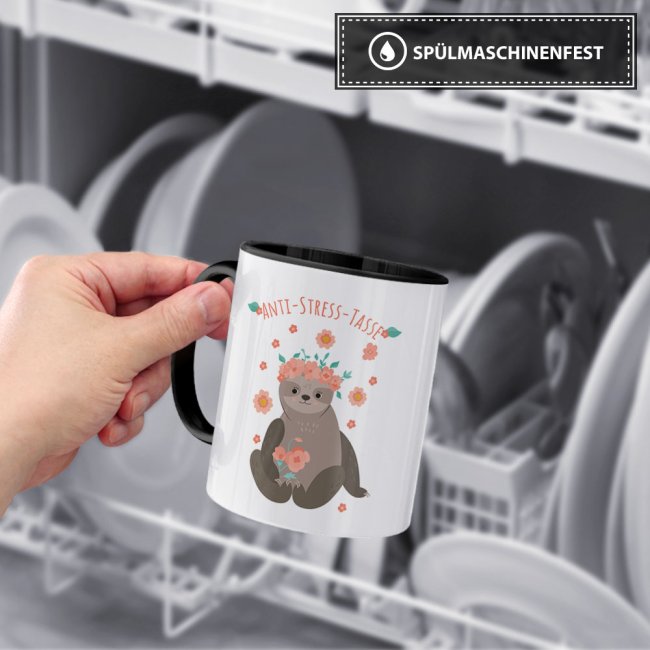 S&uuml;&szlig;e Anti Stress Tasse - Faultier -  Innen &amp; Henkel Schwarz