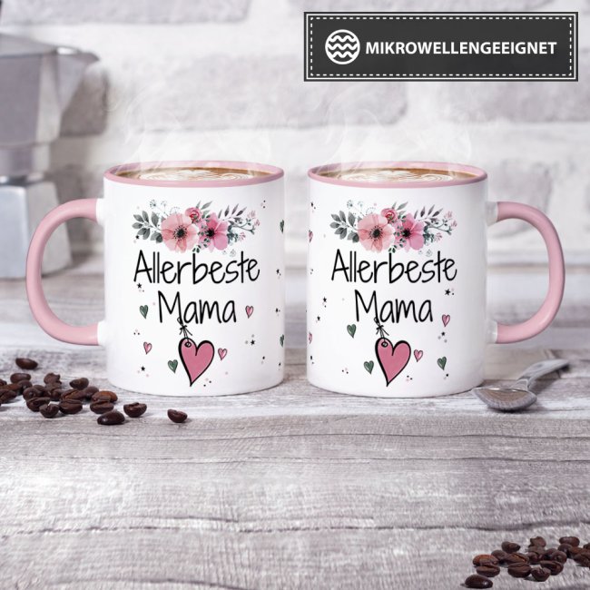 Tasse mit sch&ouml;nem Blumenmotiv - Allerbeste Mama - Innen &amp; Henkel Rosa