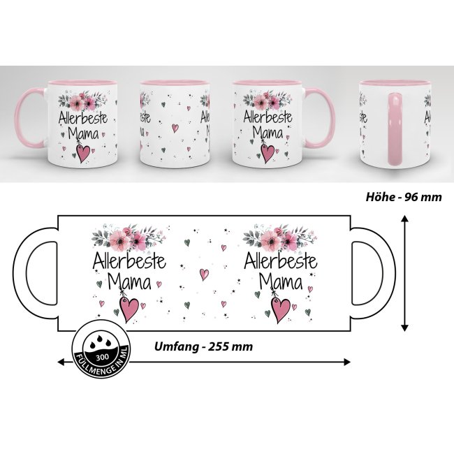 Tasse mit sch&ouml;nem Blumenmotiv - Allerbeste Mama - Innen &amp; Henkel Rosa