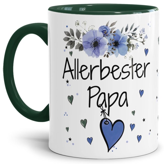 Tasse mit sch&ouml;nem Blumenmotiv - Allerbester Papa - Innen &amp; Henkel Dunkelgr&uuml;n