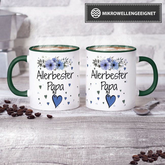 Tasse mit sch&ouml;nem Blumenmotiv - Allerbester Papa - Innen &amp; Henkel Dunkelgr&uuml;n