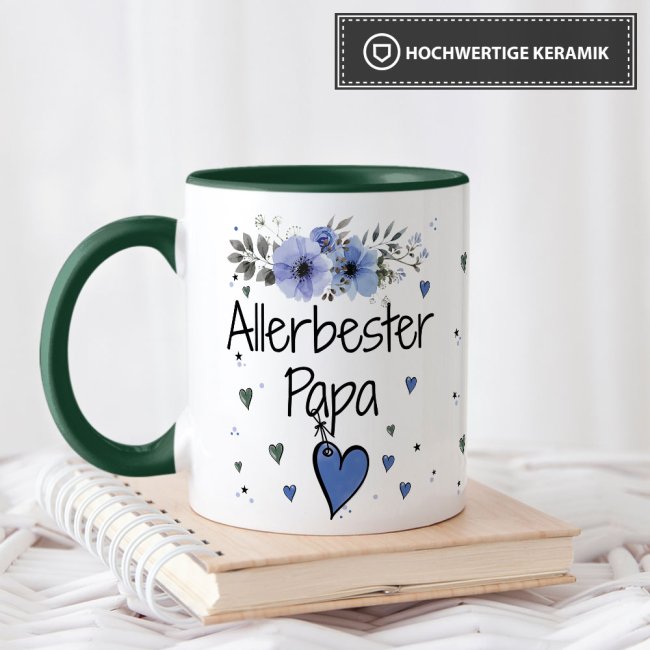 Tasse mit sch&ouml;nem Blumenmotiv - Allerbester Papa - Innen &amp; Henkel Dunkelgr&uuml;n