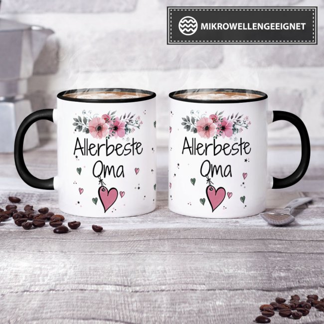 Tasse mit sch&ouml;nem Blumenmotiv - Allerbeste Oma - Innen &amp; Henkel Schwarz