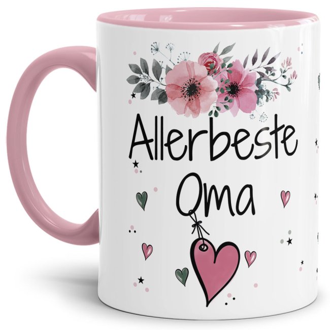 Tasse mit sch&ouml;nem Blumenmotiv - Allerbeste Oma - Innen &amp; Henkel Rosa