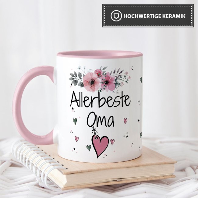 Tasse mit sch&ouml;nem Blumenmotiv - Allerbeste Oma - Innen &amp; Henkel Rosa