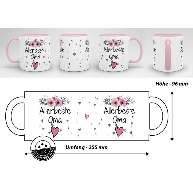 Tasse mit sch&ouml;nem Blumenmotiv - Allerbeste Oma - Innen &amp; Henkel Rosa