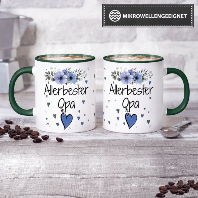 Tasse mit sch&ouml;nem Blumenmotiv - Allerbester Opa - Innen &amp; Henkel Dunkelgr&uuml;n