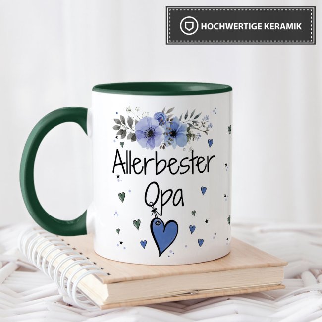 Tasse mit sch&ouml;nem Blumenmotiv - Allerbester Opa - Innen &amp; Henkel Dunkelgr&uuml;n