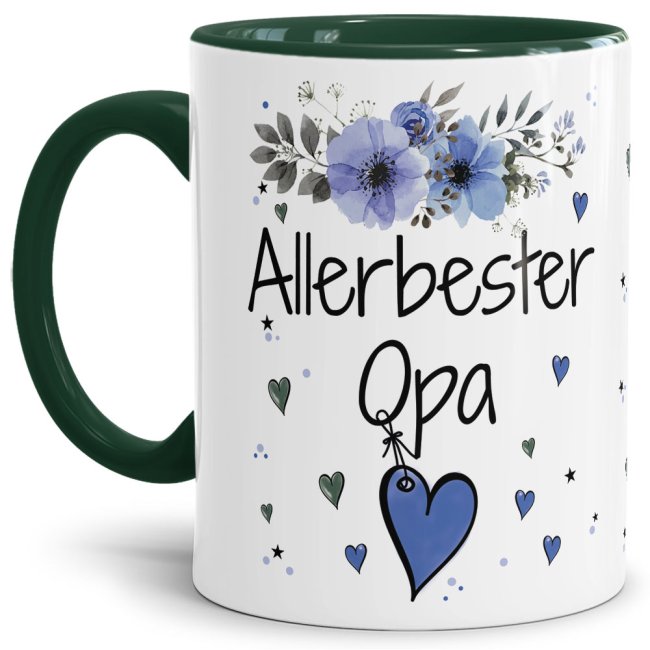 Tasse mit sch&ouml;nem Blumenmotiv - Allerbester Opa - Innen &amp; Henkel Dunkelgr&uuml;n