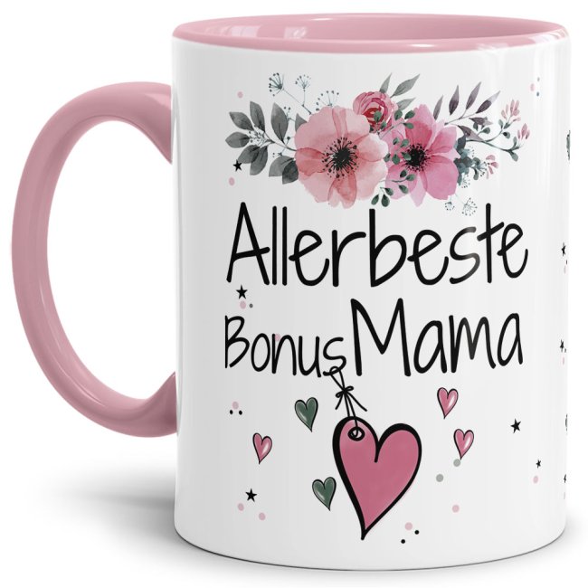 Tasse mit sch&ouml;nem Blumenmotiv - Allerbeste Bonus Mama - Innen &amp; Henkel Rosa