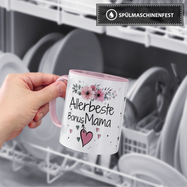 Tasse mit sch&ouml;nem Blumenmotiv - Allerbeste Bonus Mama - Innen &amp; Henkel Rosa