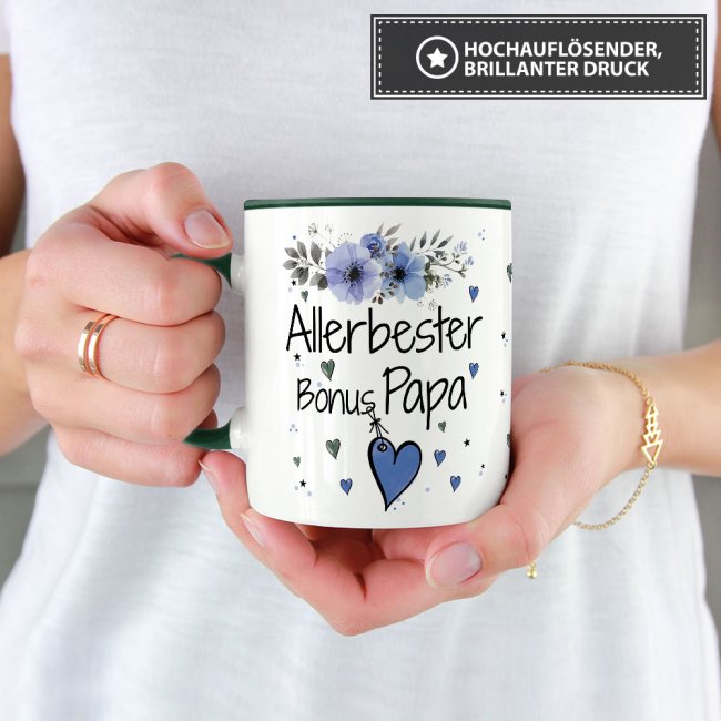 Tasse mit sch&ouml;nem Blumenmotiv - Allerbester Bonus Papa - Innen &amp; Henkel Dunkelgr&uuml;n