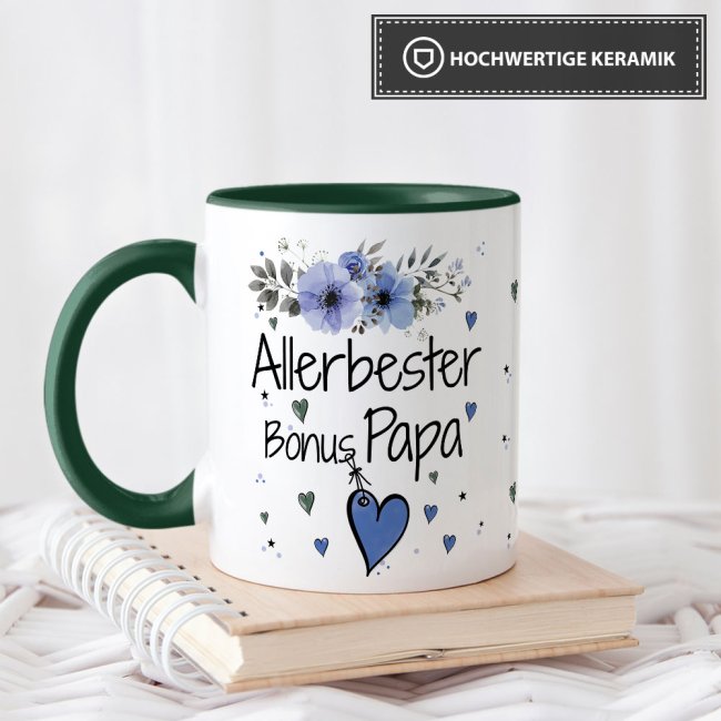 Tasse mit sch&ouml;nem Blumenmotiv - Allerbester Bonus Papa - Innen &amp; Henkel Dunkelgr&uuml;n