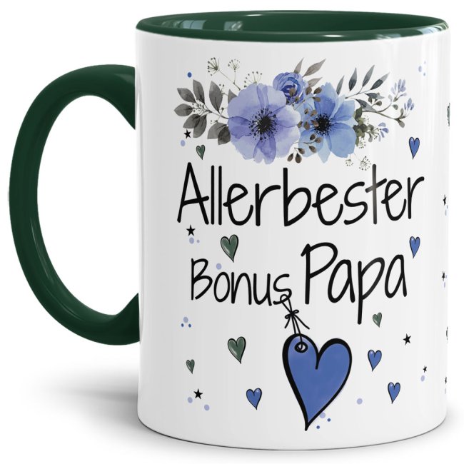 Tasse mit sch&ouml;nem Blumenmotiv - Allerbester Bonus Papa - Innen &amp; Henkel Dunkelgr&uuml;n