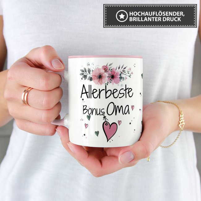 Tasse mit sch&ouml;nem Blumenmotiv - Allerbeste Bonus Oma - Innen &amp; Henkel Rosa